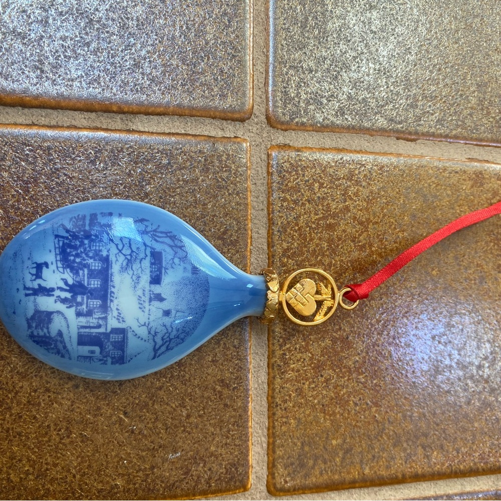 Blue Porcelain Teardrop Holiday Ornament with Gold Accent